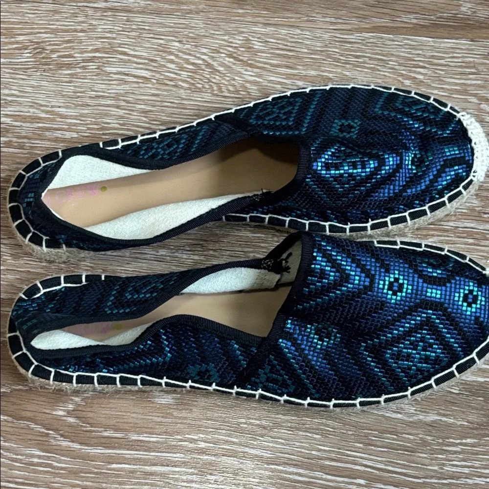 J Crew blue and black patterned espadrille flats, size 8